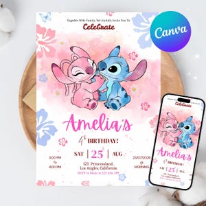 Stitch och Angel födelsedagsinbjudan, redigerbar Stitch födelsedagsinbjudan, digital festinbjudan, utskrivbar Stitch födelsedagsfestinbjudan