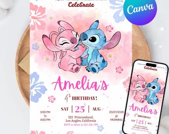 Stitch and Angel Birthday Invitation, Editable Stitch Birthday Invitation, Digital Party Invite, Stitch Birthday Party Invitation Printable