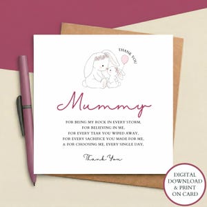 Thak You Mum Mother’s Day Card From Daughter, Son, Cute Minimalist Bunny Mama Card, I Love You Mom Sentimental Tribute for Mum Poem Card