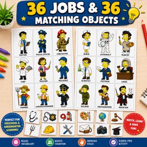 Simpsons Community Helpers Matching Activity, Jobs & Objects Preschool Professions Printable Activity, Occupations Worksheet, Toddler Book