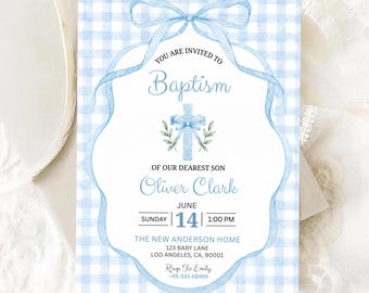 Invitación de bautizo para niño, invitación de bautizo católico a rayas, bautizo azul, invitación de bautizo en acuarela, elegante plantilla editable de Canva, estilo francés vintage