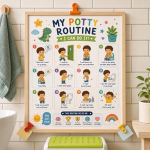 Könnte beinhalten: Ein rechteckiges Wandplakat mit dem Titel MY POTTY ROUTINE I CAN DO IT! zeigt zwölf nummerierte Schritte mit Illustrationen eines Kindes bei der Toilettenbenutzung. Das Plakat enthält bunte Grafiken eines Dinosauriers, einer Pflanze, einer Sonne und eines Regenbogens.