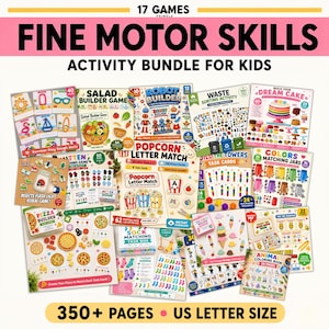 May include: A digital fine motor skills activity bundle for kids featuring 350+ pages in US letter size. The collection includes printable games like Salad Builder, Robot Builder, Popcorn Letter Match, Waste Sorting, and various matching tasks.