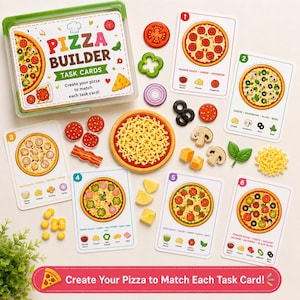 May include: A Pizza Builder task card game set featuring a clear plastic storage case with the text Pizza Builder, six numbered task cards showing various pizza topping combinations, and assorted plastic food pieces including cheese, pepperoni, and vegetables.