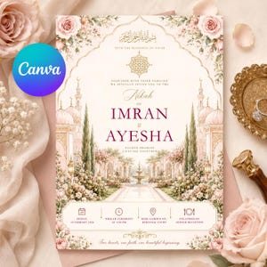 May include: A rectangular wedding invitation card featuring a cream background with a decorative archway, pink roses, and a mosque illustration. The text reads Nikah of Imran and Ayesha, with event details for Friday, 14 February 2026 at 3:00 PM.