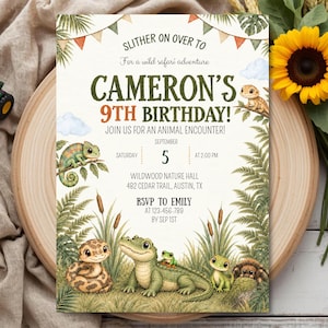 May include: A rectangular birthday invitation card featuring watercolour illustrations of a lizard, chameleon, snake, alligator, and frog. The text reads: SLITHER ON OVER TO CAMERON'S 9TH BIRTHDAY! JOIN US FOR AN ANIMAL ENCOUNTER! SATURDAY SEPTEMBER 5 AT 2:00 PM.