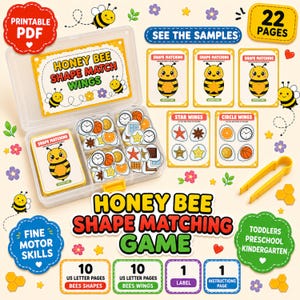 May include: A Honey Bee Shape Matching Game printable PDF set featuring a clear plastic storage case filled with bee-themed activity cards and cut-out shapes. Includes yellow plastic tweezers, instructional pages, and various cards displaying bees with different shapes on their bellies, alongside star and circle wing cut-outs.