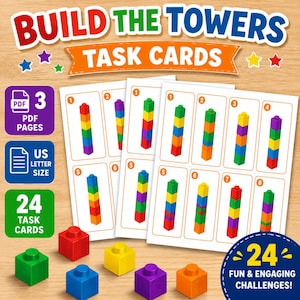May include: Build the Towers task cards set featuring 24 printable cards on 3 PDF pages in US letter size. The cards display colourful block towers with numbered sequences. Includes several loose plastic building blocks in red, yellow, green, blue, and purple.