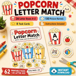 May include: A Popcorn Letter Match educational activity set featuring a printable workbook with 62 pages, 26 letter boxes, 130 picture kernels, and 8 task cards. The design includes colourful popcorn bucket illustrations with faces, letters, and various icons.