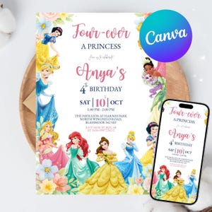 Einladung zum 4. Geburtstag „Für immer eine Prinzessin“, Einladung zum 4. Geburtstag „Für immer eine Prinzessin“, Rosa Prinzessinnenparty, Königliches Feenmotto