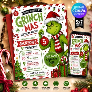 May include: A 5x7 inch Grinch-themed birthday party invitation featuring a green character wearing a Santa hat and red and white scarf, holding a red ornament with the number 5. The text reads Grinch Mas Birthday Party for Jackson.