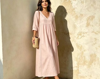 cotton Linen V-Neck Maxi Dress | Flowy Boho Casual Wear, Loose Fit Summer Dress