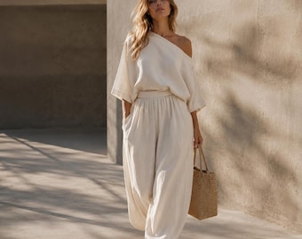 Off The Shoulder Top Linen Pants Set, Tencel Linen Summer Outfit