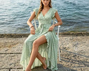 Boho Floral Wrap Dress, High Low Maxi Dress, Ruffle Sleeve Bohemian Clothing for Women, Summer Beach Party Dress, Romantic Floral Print Gown