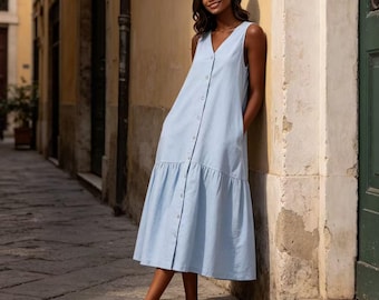 cotton Linen V-Neck Maxi Dress | Flowy Boho Casual Wear, Loose Fit Summer Dress