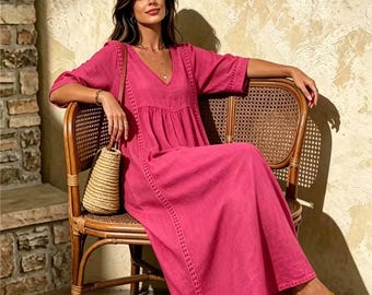 Baumwolle Leinen V-Ausschnitt Maxikleid | Fließende Boho Freizeitkleidung, locker sitzendes Sommerkleid