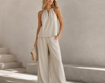 Linen Two Piece Set, Halter Top and Wide Leg Pants, Minimal Matching Linen Outfit, Relaxed Summer Co Ord