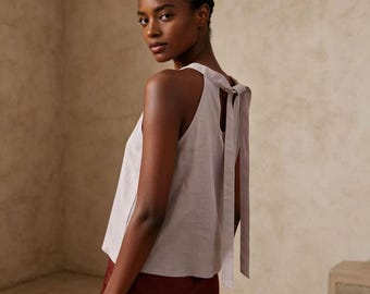 100% Linen Cross Back Tank Top, Sleeveless Summer Blouse