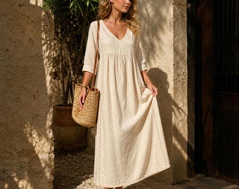 cotton Linen V-Neck Maxi Dress | Flowy Boho Casual Wear, Loose Fit Summer Dress，Plus size women's clothing