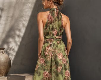 Floral Mesh Maxi Dress, Green Halter Neck Dress, Flowing Summer Dress, Elegant High Waist Evening Dress, Garden Party Outfit