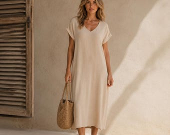 100% cotton  V-Neck Maxi Dress | Flowy Boho Casual Wear, Loose Fit Summer Dress