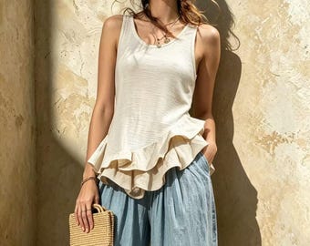 Boho Linen Cotton Ruffle Hem Tank Top, Sleeveless Flounce Peplum Top, Breathable Summer Camisole