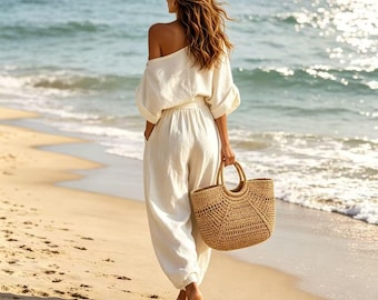 100% Leinen 2-teiliges Set, schulterfreies Oberteil und Leinenhose, zweiteiliges Sommeroutfit