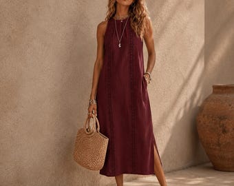 cotton Linen  Dress | Flowy Boho Casual Wear, Loose Fit Summer Dress