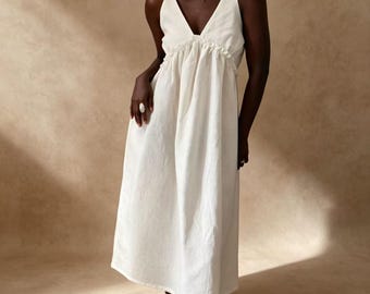 100% Linen V-Neck Maxi Dress | Flowy Boho Casual Wear, Loose Fit Summer Dress
