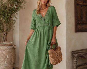 cotton  V-Neck Maxi Dress | Flowy Boho Casual Wear, Loose Fit Summer Dress