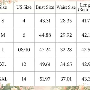 K&ouml;nnte beinhalten: Eine Gr&ouml;&szlig;entabelle mit Ma&szlig;en f&uuml;r die Konfektionsgr&ouml;&szlig;en S, M, L, XL und XXL. Die Tabelle enth&auml;lt US-Gr&ouml;&szlig;en, Brustumfang in Zoll, Taillenumfang in Zoll und Hosenl&auml;nge in Zoll. Die Tabelle befindet sich auf einem floralen Hintergrund.