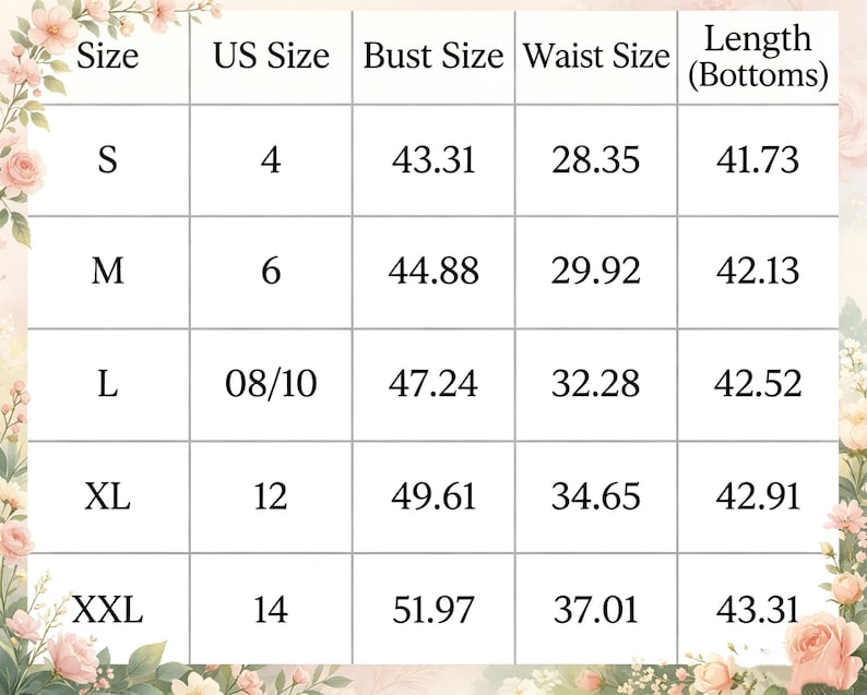 K&ouml;nnte beinhalten: Eine Gr&ouml;&szlig;entabelle mit Ma&szlig;en f&uuml;r die Konfektionsgr&ouml;&szlig;en S, M, L, XL und XXL. Die Tabelle enth&auml;lt US-Gr&ouml;&szlig;en, Brustumfang in Zoll, Taillenumfang in Zoll und Hosenl&auml;nge in Zoll. Die Tabelle befindet sich auf einem floralen Hintergrund.