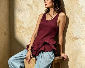 Boho Linen Cotton Ruffle Hem Tank Top, Sleeveless Flounce Peplum Top, Breathable Summer Camisole