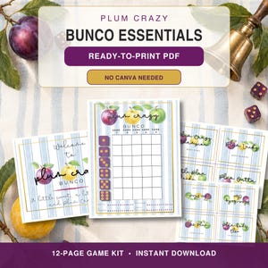 Puede incluir: Un kit de juego Bunco imprimible con temática de ciruelas y fondos de rayas azules. El conjunto incluye tarjetas de puntuación, carteles de bienvenida y tarjetas de premios con ilustraciones de ciruelas en acuarela y gráficos de dados.
