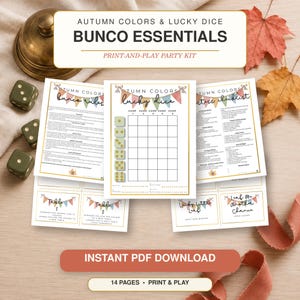 May include: A Bunco essentials print-and-play party kit featuring autumn colors and lucky dice. The set includes rule sheets, scorecards, and checklists with bunting graphics. Three olive green dice and a brass bell are visible on the table.