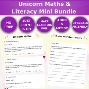May include: A purple and white educational mini-bundle titled "Unicorn Maths & Literacy." The bundle includes worksheets with math problems and creative writing prompts. The text includes "No Prep," "Just Print & Go," and "Dyslexia Friendly."