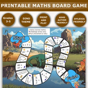 May include: Printable dinosaur-themed maths board game for grades 3-5. The game features a winding path with maths problems and instructions. Includes the text "ADHD Autism Friendly" and "Dyslexia Friendly". The game is designed for print and play.