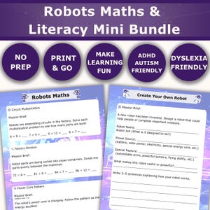 May include: Educational worksheets with a robot theme, including maths problems and a creative writing activity. The bundle is designed to be ADHD and Dyslexia friendly. The worksheets are designed to make learning fun.