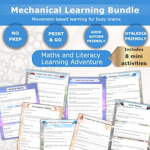 May include: Educational printables for mechanical learning, featuring maths and literacy activities. The blue and white design includes the text "Mechanical Learning Bundle" and "Maths and Literacy Learning Adventure."