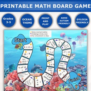 May include: Printable ocean-themed math board game for grades 3-5. The game features marine life illustrations and math problems. Includes the text "ADHD Autism Friendly" and "Dyslexia Friendly". The game is designed to be printed and played.