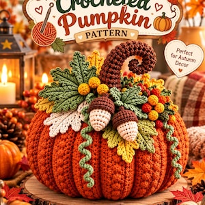 May include: A crocheted orange pumpkin featuring a tall, curled brown stem, decorated with green crocheted leaves, yellow berries, and two brown and white acorns. The text above reads Crocheted Pumpkin Pattern, and a heart shape says Perfect for Autumn Decor.