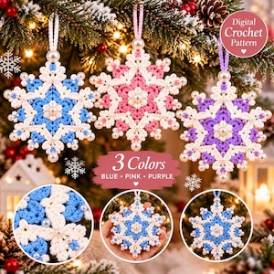 May include: Three crocheted snowflake ornaments in blue, pink, and purple with white accents and pearl beads. The text reads Digital Crochet Pattern and 3 Colors BLUE PINK PURPLE. These hanging decorations feature intricate yarn work.
