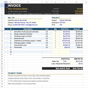 Puede incluir: Una factura de hoja de cálculo titulada "INVOICE" con detalles que incluyen el nombre de la empresa, la información del cliente, los detalles del proyecto y los costos detallados. El documento incluye un subtotal, el impuesto sobre las ventas y el saldo adeudado.
