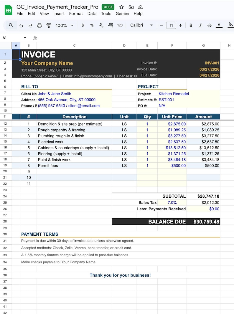 Contractor Invoice Template Excel | Payment Tracker Spreadsheet ...