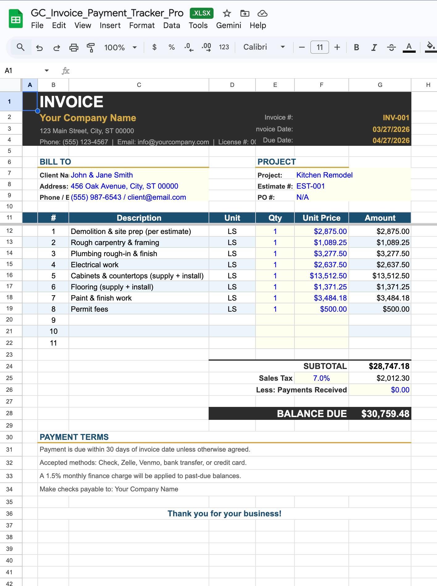 Contractor Invoice Template Excel Payment Tracker Spreadsheet Construction Invoice Progress Billing Digital Download