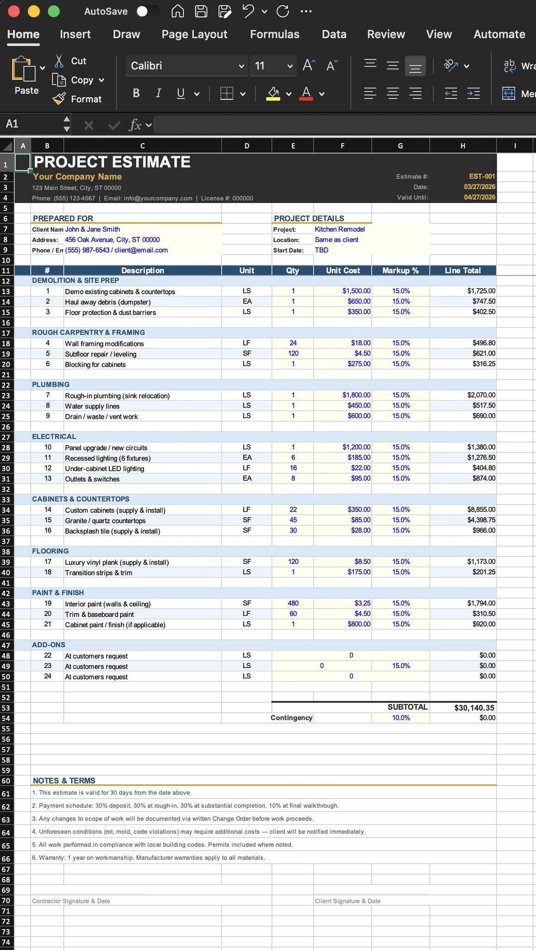 Construction Estimate Template Excel | Contractor Bid Proposal ...