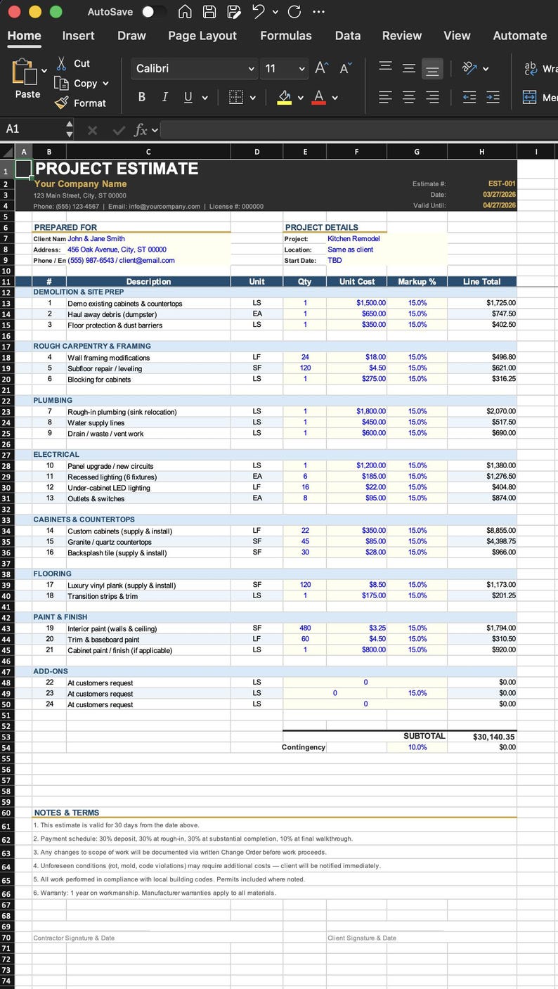Construction Estimate Template Excel | Contractor Bid Proposal ...