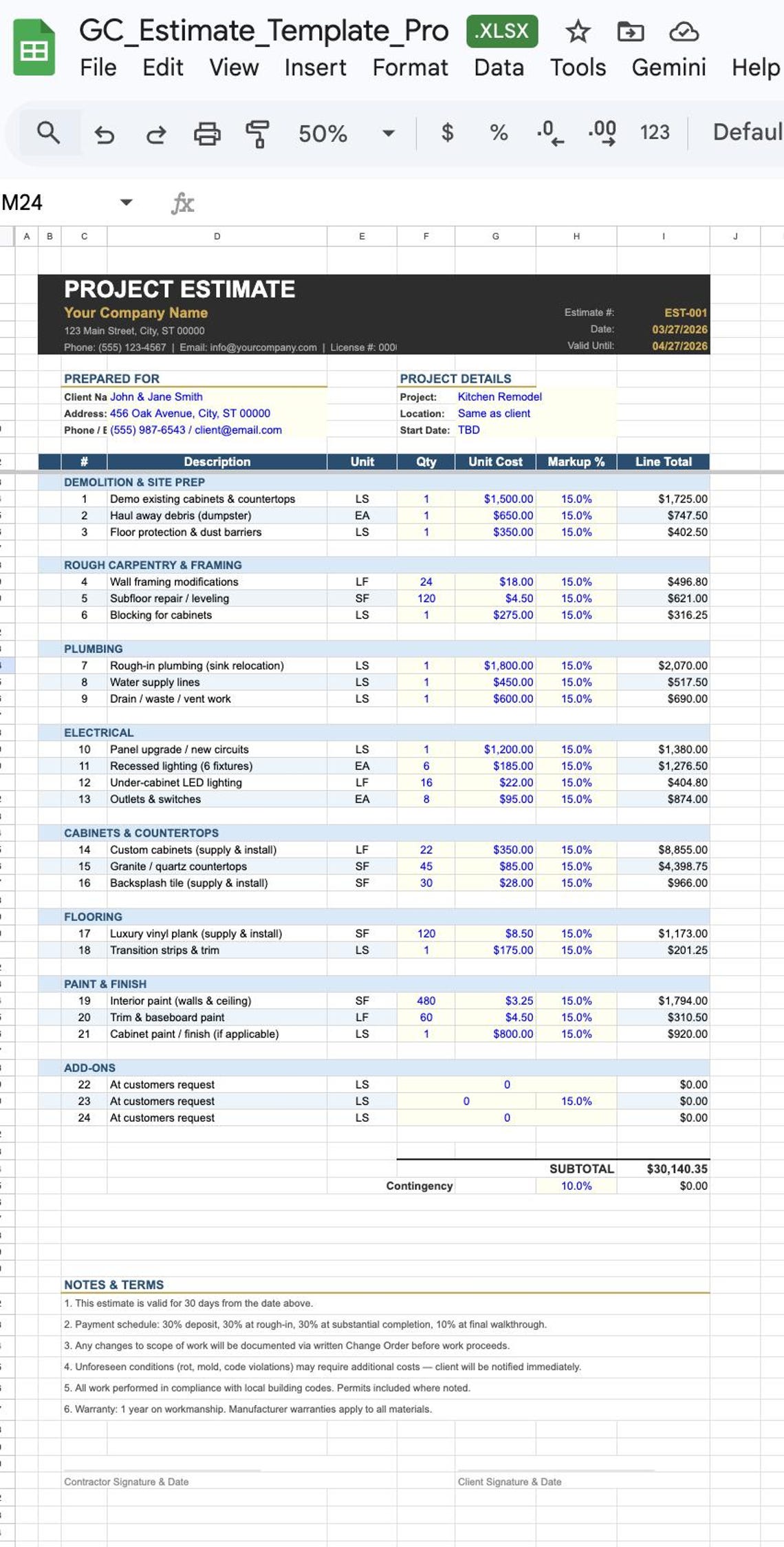 Construction Estimate Template Excel | Contractor Bid Proposal ...
