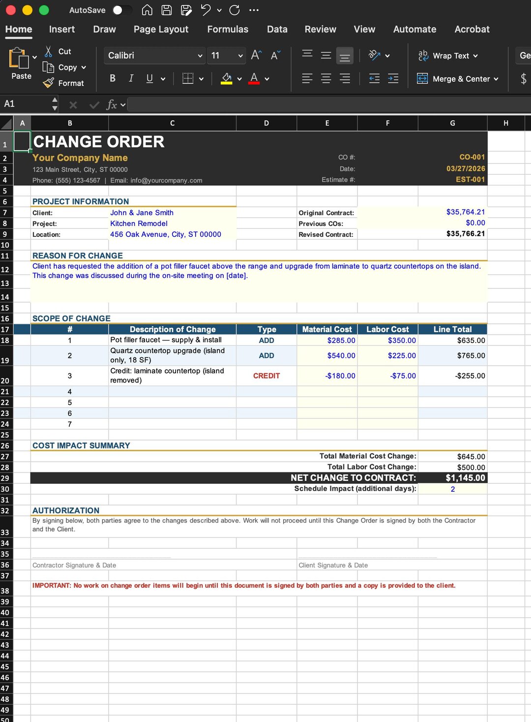 Construction Change Order Template Excel | Contractor Scope Change Form ...