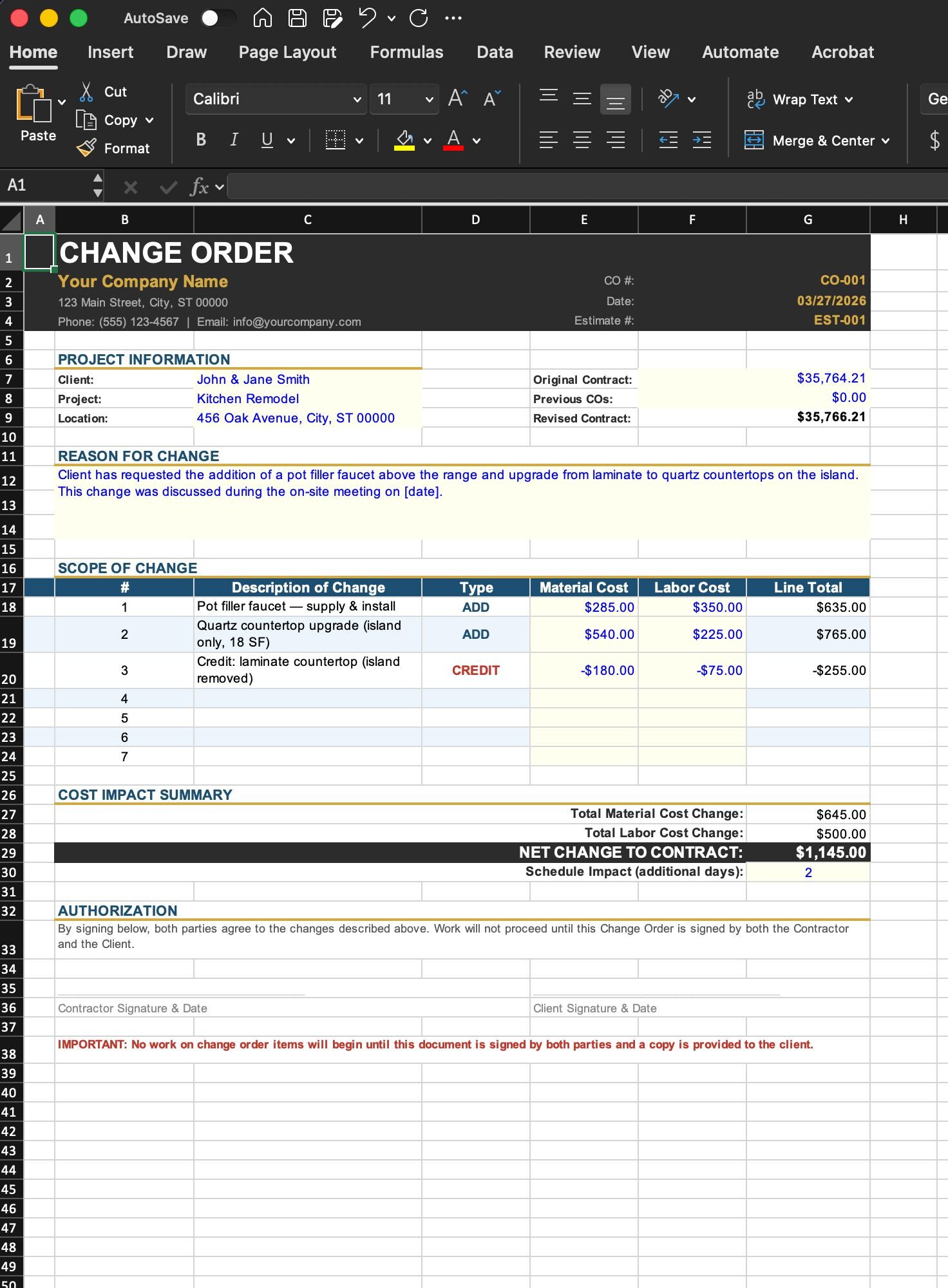 Project Management Scope Change Form Construction Change Order Template Excel | Contractor Scope Change Form ...